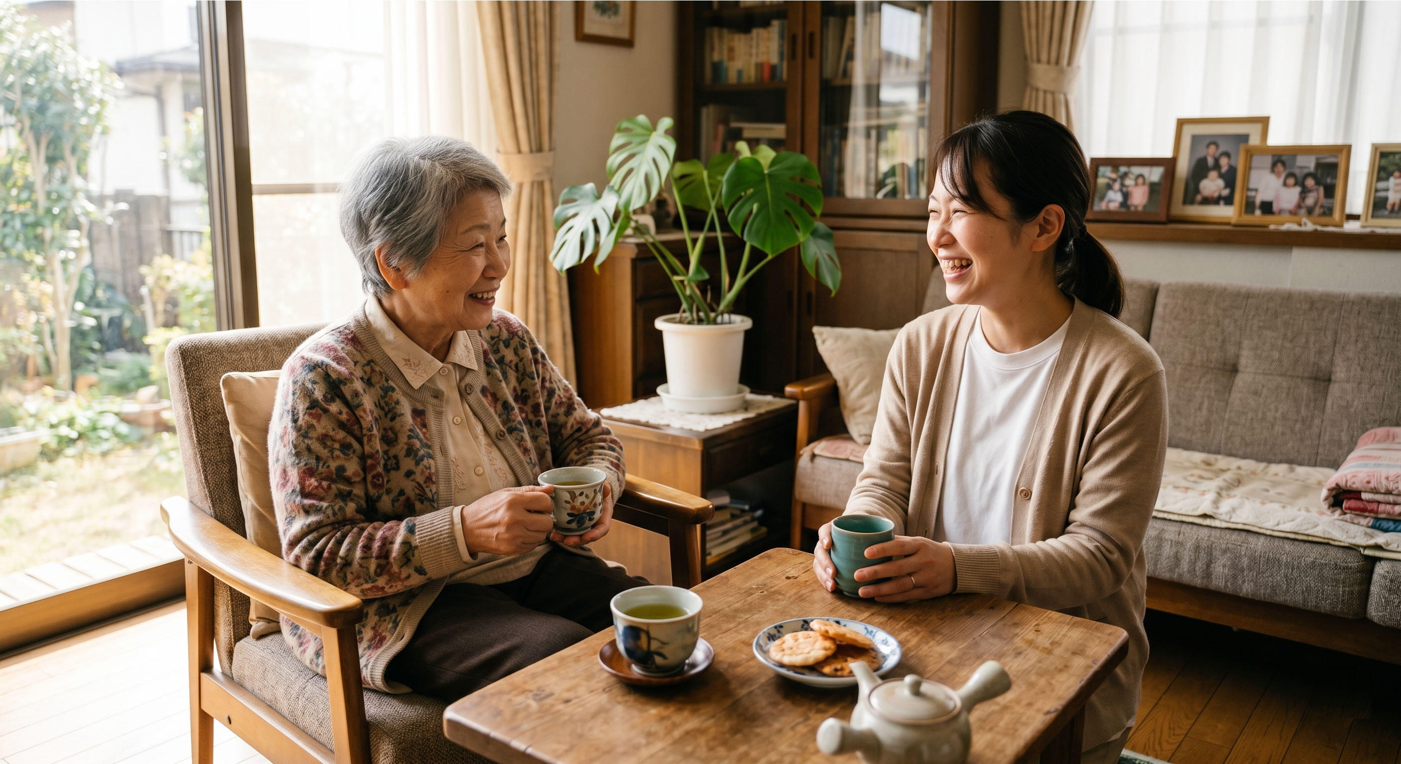 町田発みことケア、ご自宅でお茶を楽しむシニア女性とスタッフ